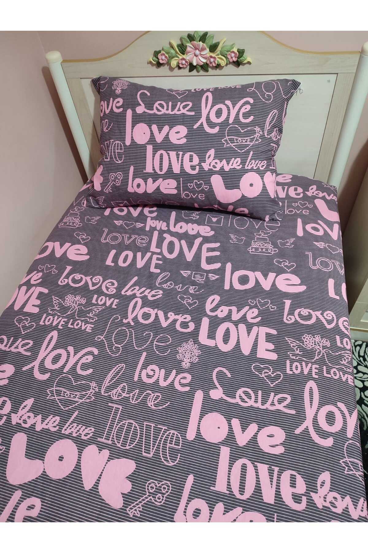 Tek Kişilik Lastikli Çarşaf Seti + 1 Adet Yastık Kılıfı 100x200cm Love Desen