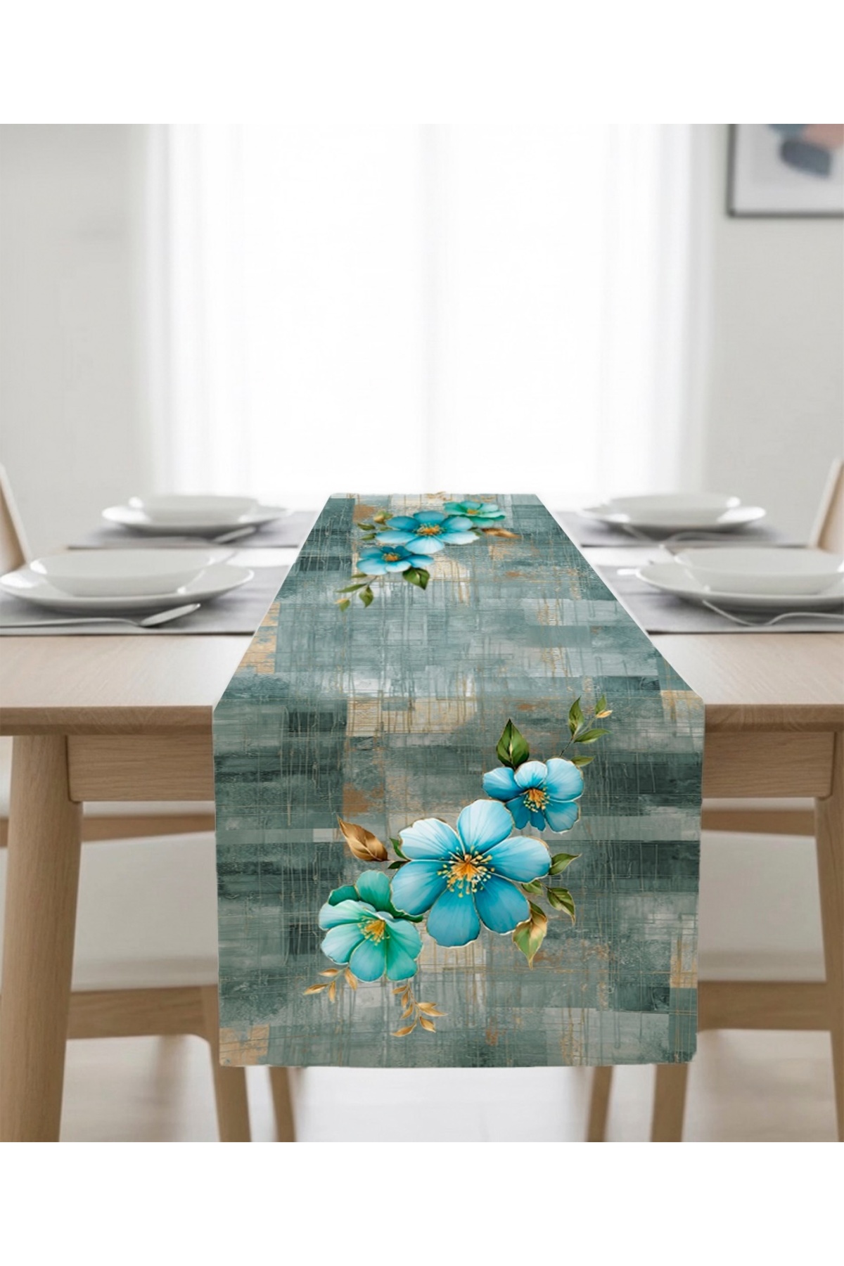 Dijital Baskılı Yeşil Floral Desenli Dekoratif Masa Runner