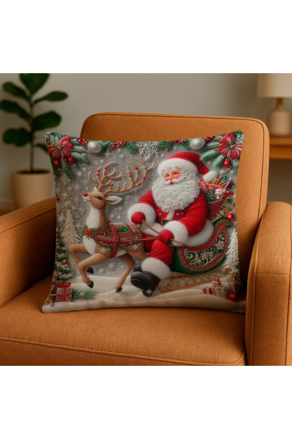 Dijital Baskılı Noel Baba ve Geyik Desenli Dekoratif Kırlent Kılıfı 43x43 cm