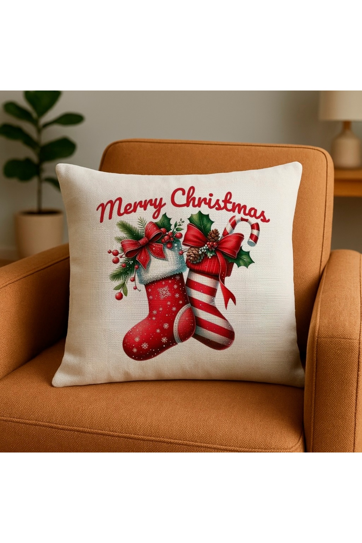 Dijital Baskılı Christmas Çorap Desenli Kırlent Kılıfı 43x43 cm (Christmas Sock Cushion)
