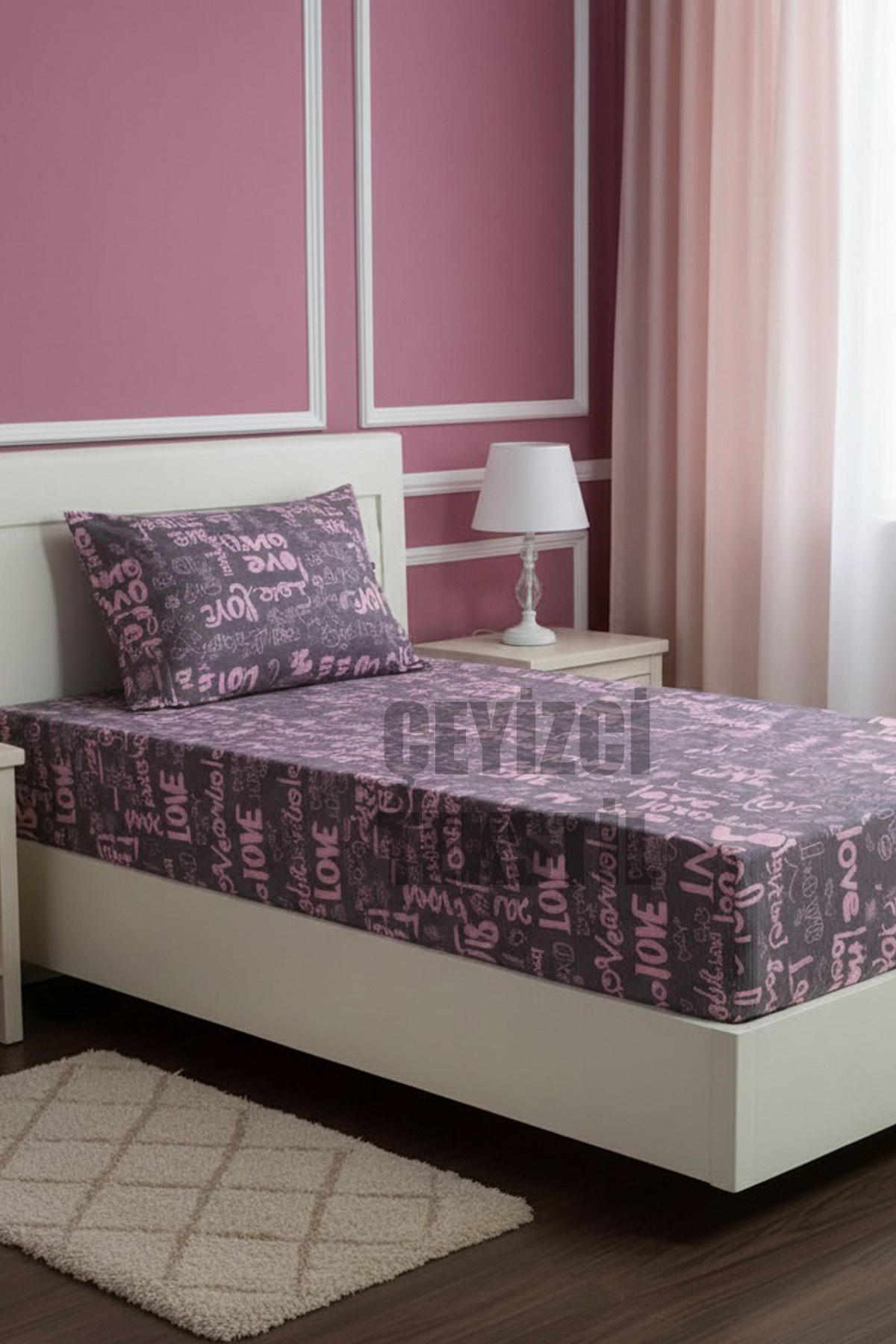 Tek Kişilik Lastikli Çarşaf Seti + 1 Adet Yastık Kılıfı 100x200cm Love Desen