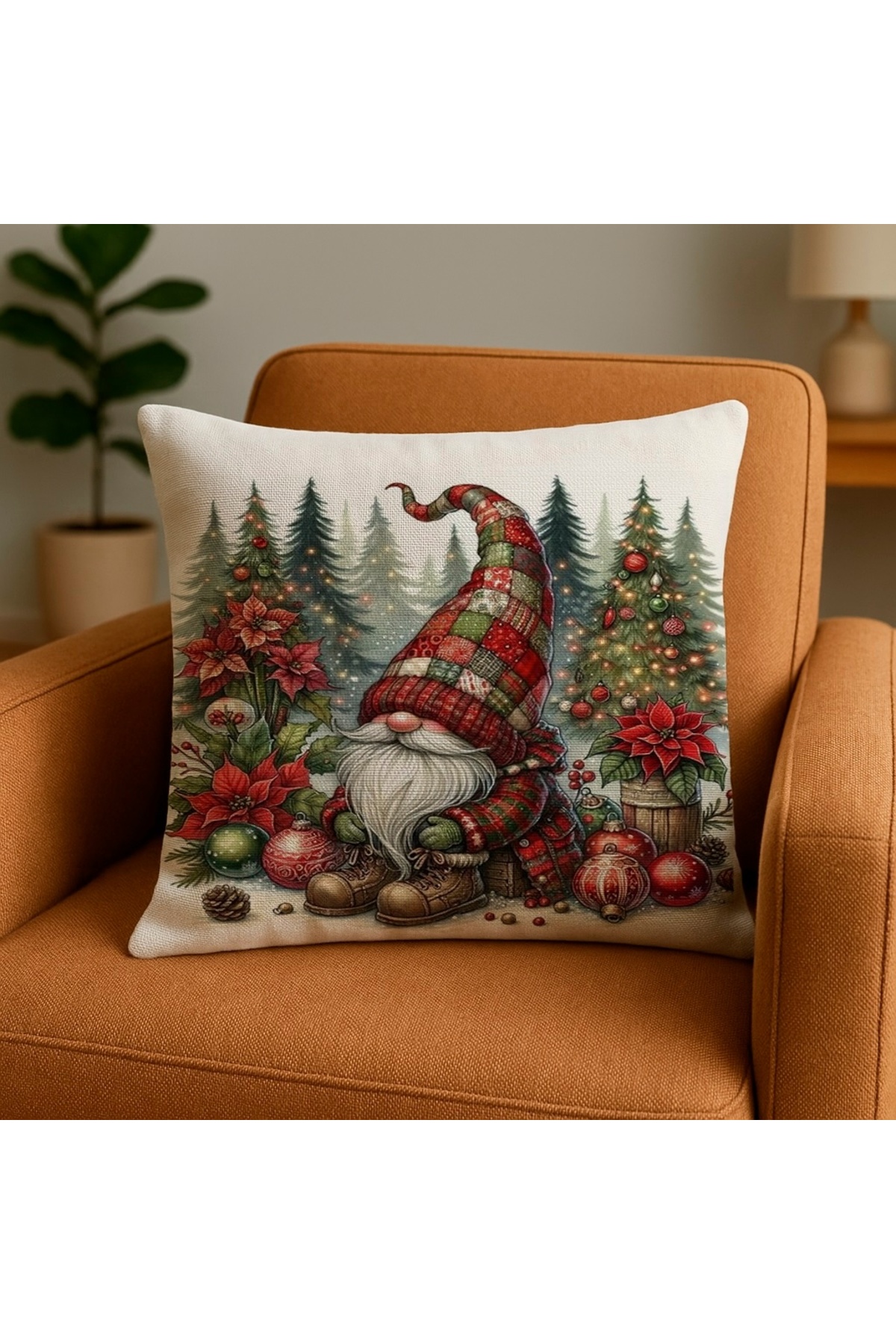 Dijital Baskılı Noel Cüce Desenli Dijital Dekoratif Kırlent Kılıfı (Christmas Gnome Cushion Cover)