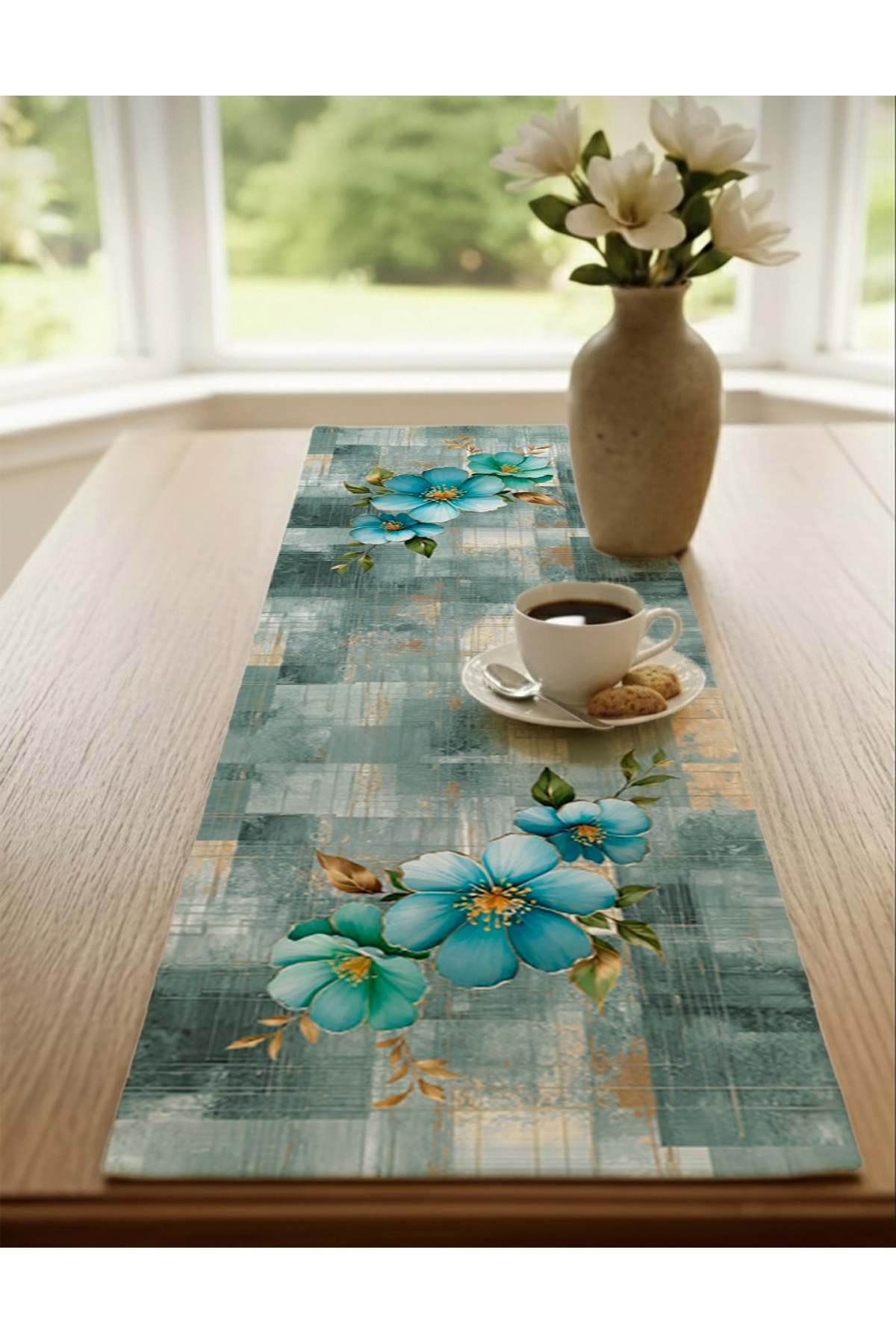 Dijital Baskılı Yeşil Floral Desenli Dekoratif Masa Runner