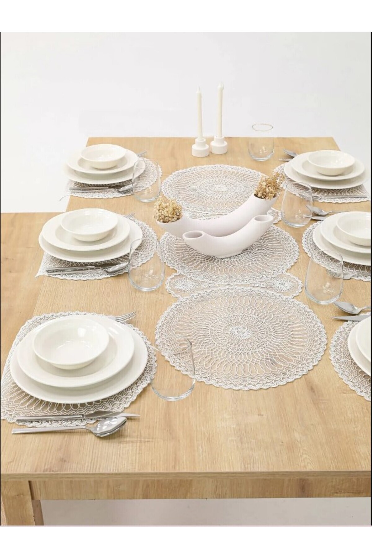 Ekru Kordone Nakışlı Modern Amerikan Servis Supla Ve Runner 6 Kişilik Set