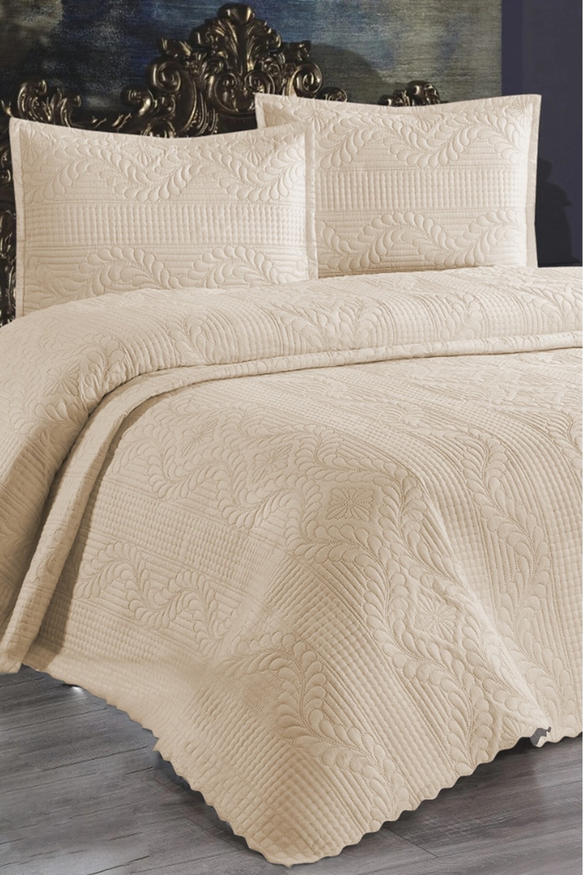 Çift Kişilik Dantelsiz Yatak örtüsü 3 Parça - Kahve Bedspread