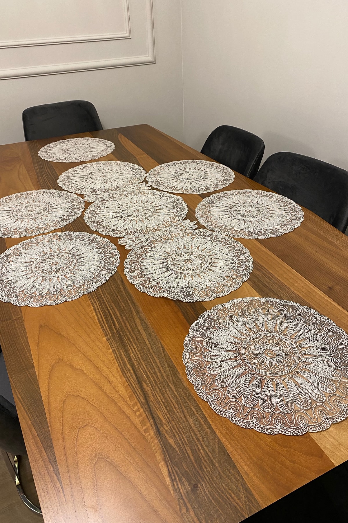 Gümüş Kordone Nakışlı Modern Amerikan Servis Supla Ve Runner 6 Kişilik Set