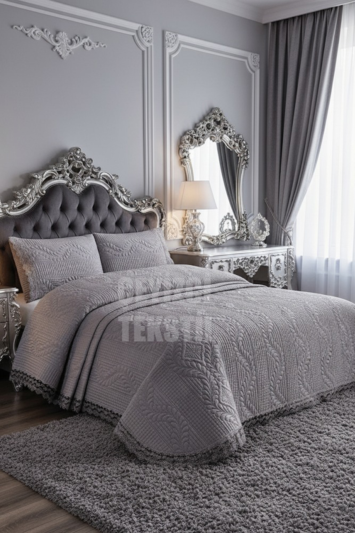 Bade Çift Kişilik Yatak Örtüsü, Yatak Takımı - Gri (BEDDİNG SET)