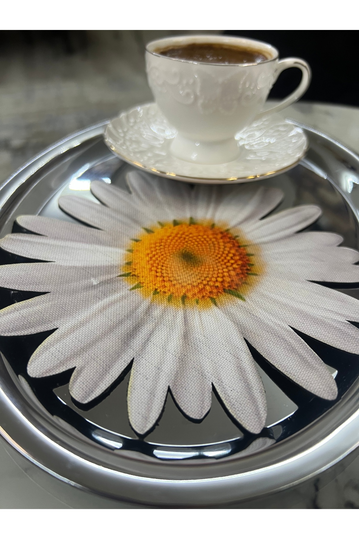 6 Adet Papatya Desen Leke Tutmaz Gardenya Kumaş Altı Deri Lazer Kesim Kokteyl Sunum Peçetesi