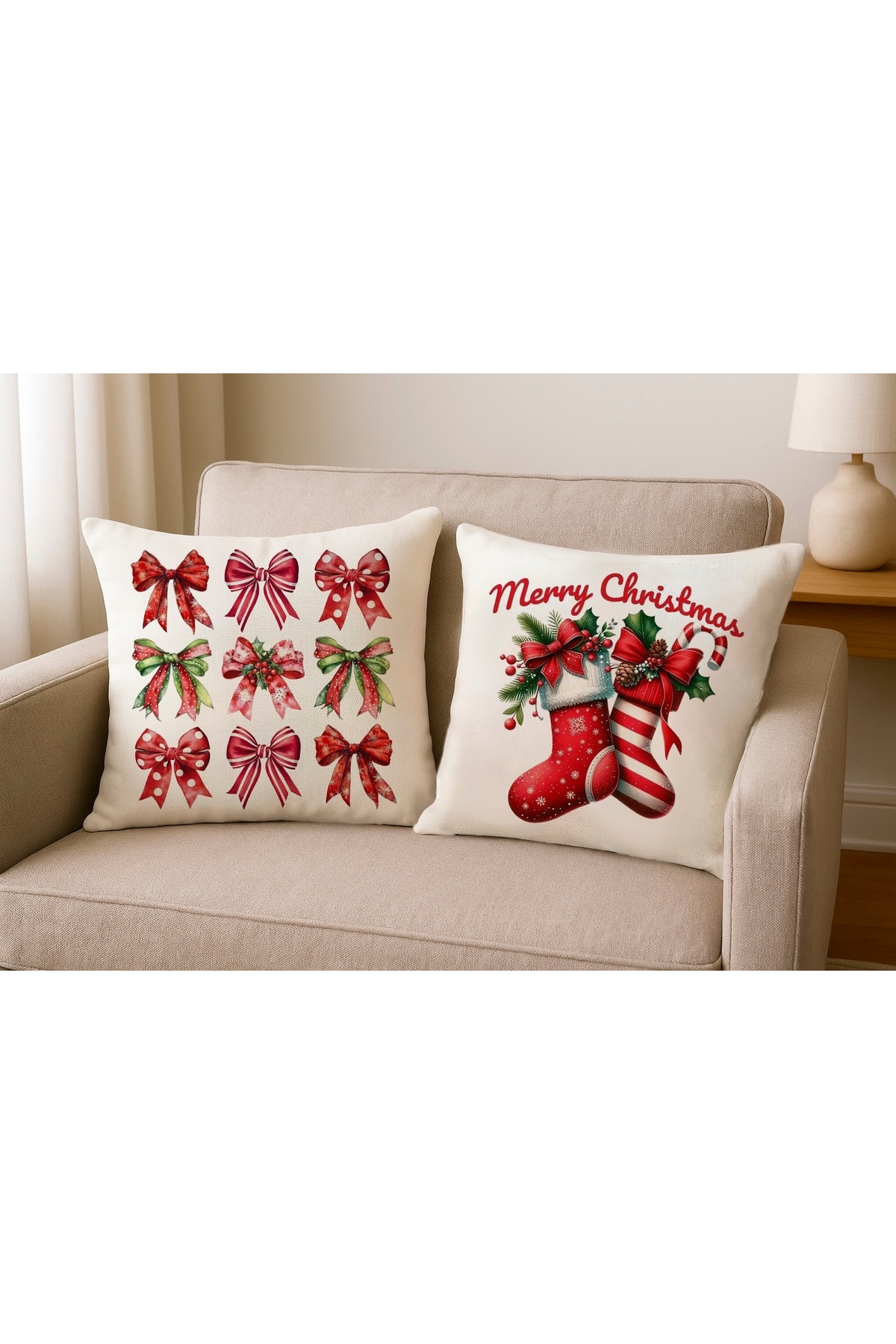 Dijital Baskılı Christmas Çorap Desenli Kırlent Kılıfı 43x43 cm (Christmas Sock Cushion)