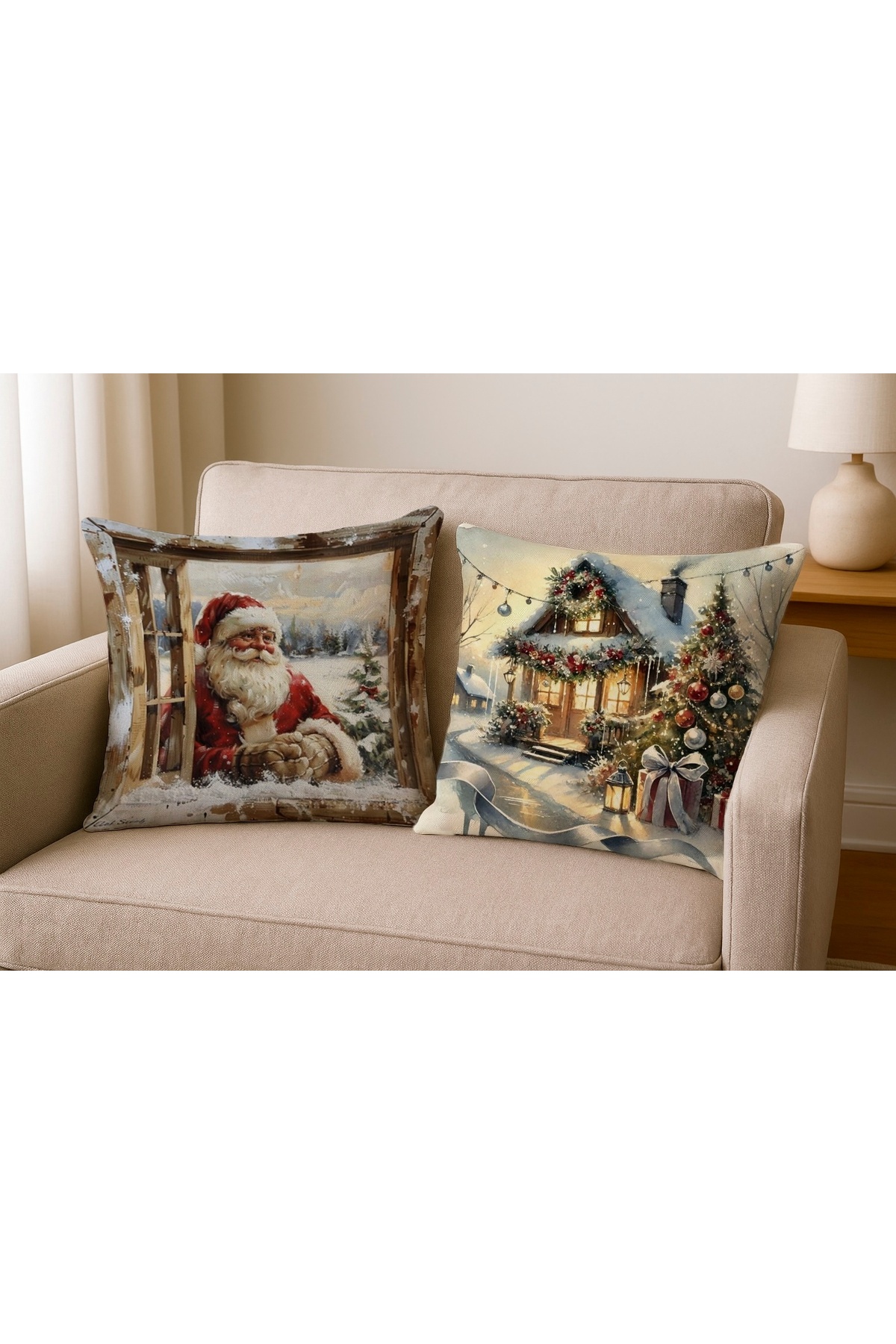 Vintage Noel Baba Dijital Baskılı Kırlent Kılıfı 43x43 cm