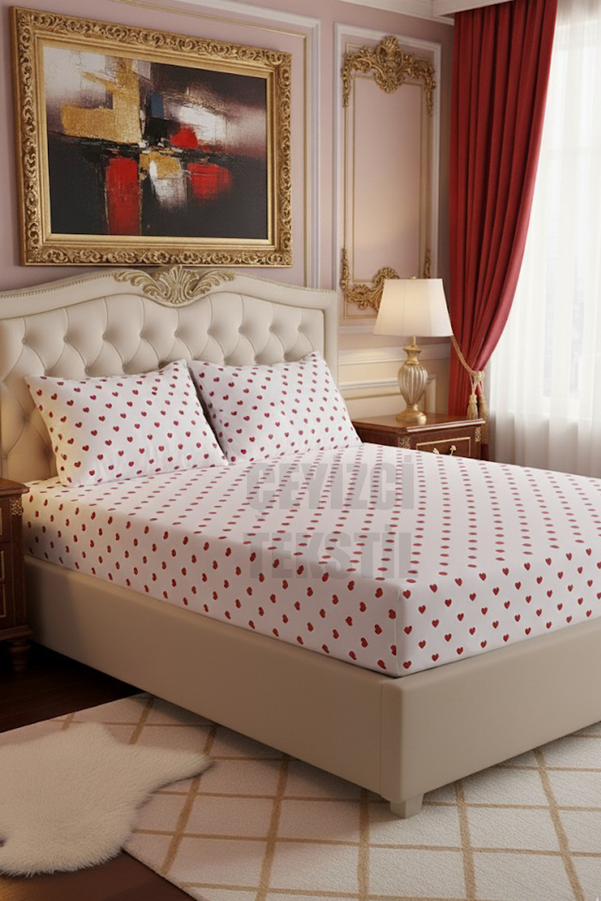 Çift Kişilik Lastikli Çarşaf Seti + 2 Adet Yastık Kılıfı 160x200cm Kalp Desen