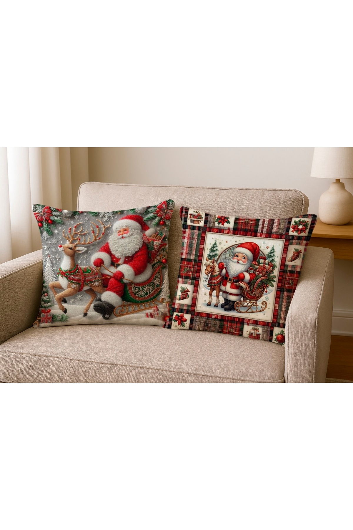 Dijital Baskılı Noel Baba ve Geyik Desenli Dekoratif Kırlent Kılıfı 43x43 cm