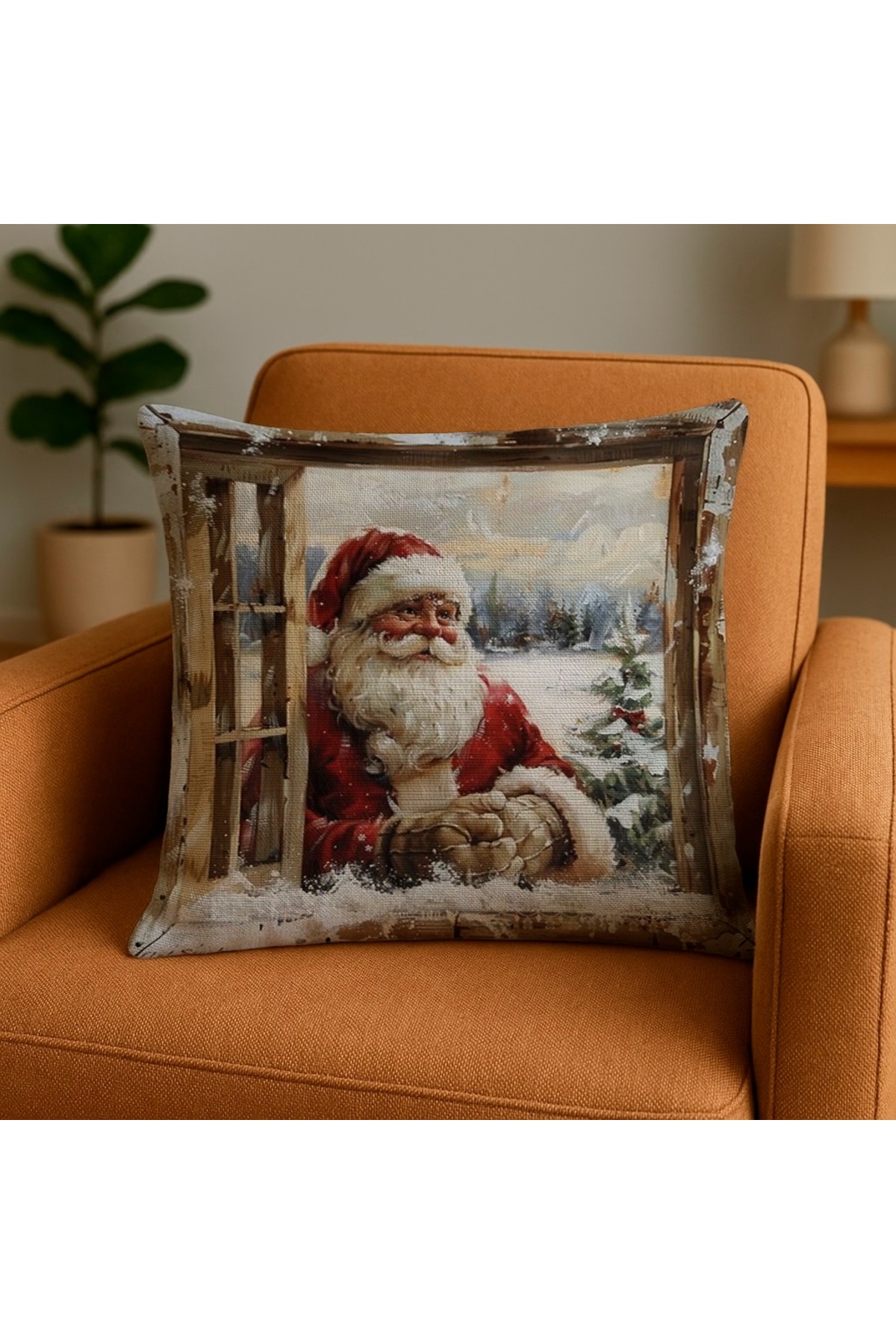 Vintage Noel Baba Dijital Baskılı Kırlent Kılıfı 43x43 cm