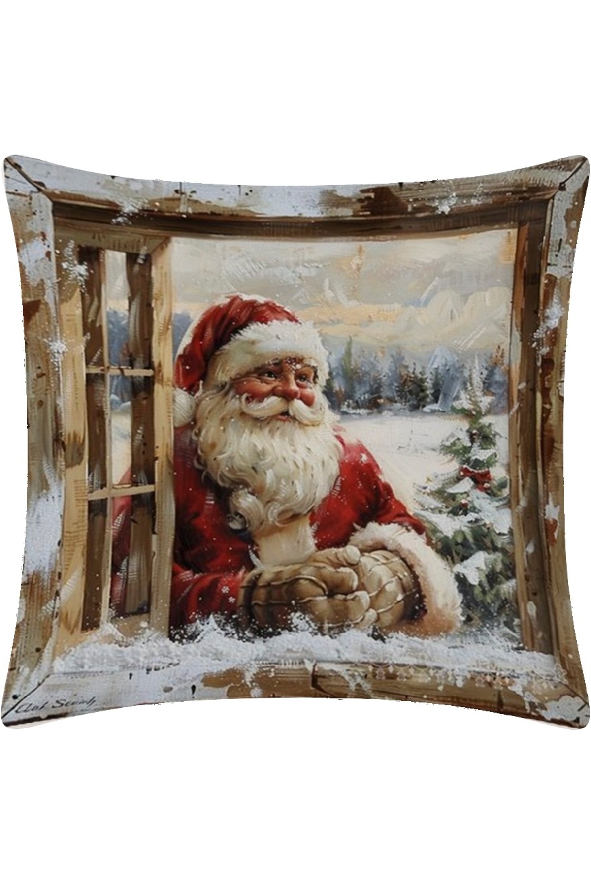 Vintage Noel Baba Dijital Baskılı Kırlent Kılıfı 43x43 cm
