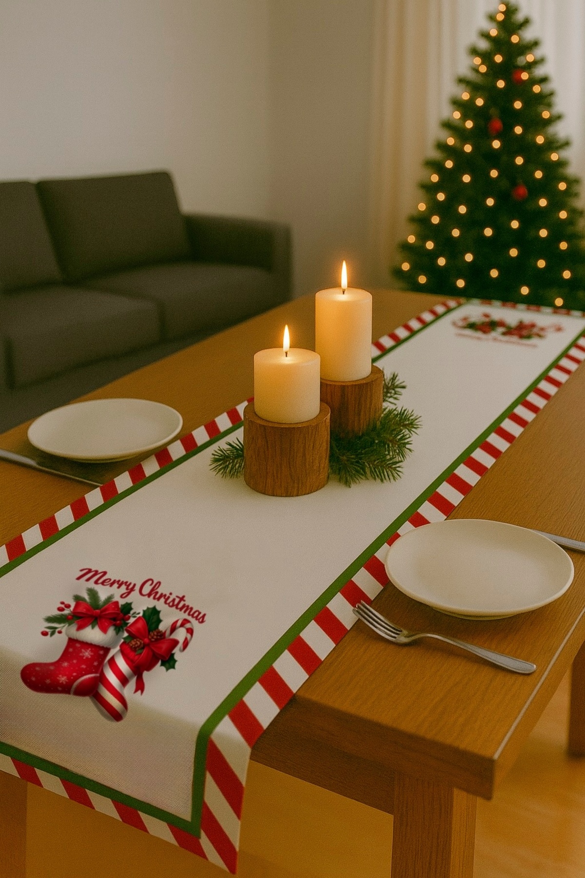 Digital Baskılı Merry Christmas Çorap Desenli Yılbaşı Temalı Dekoratif Masa Runner