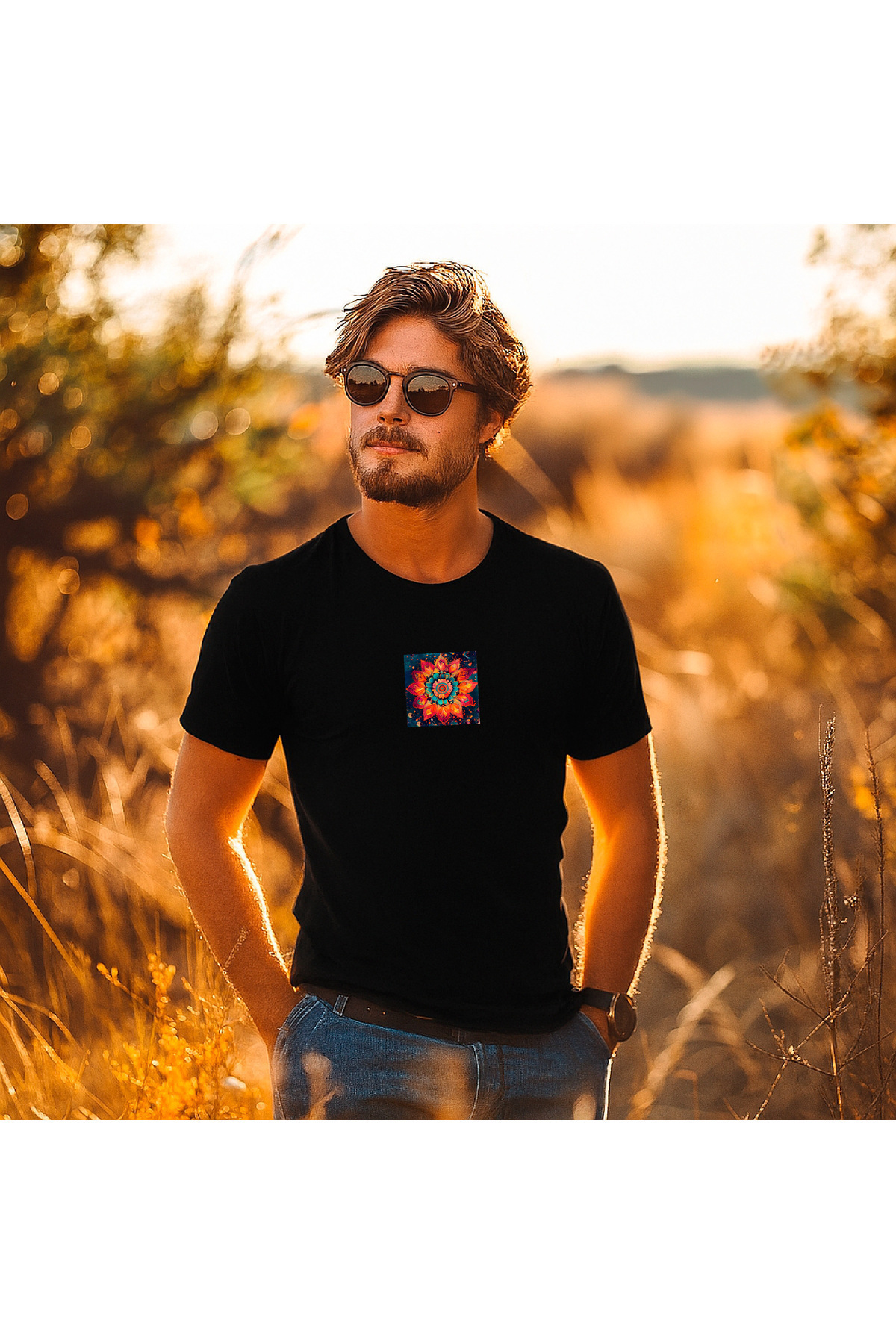ERKEK BASKILI TİŞÖRT-MANDALA ÇİÇEK DESENLİ RENKLİ BASKI/HUBERY