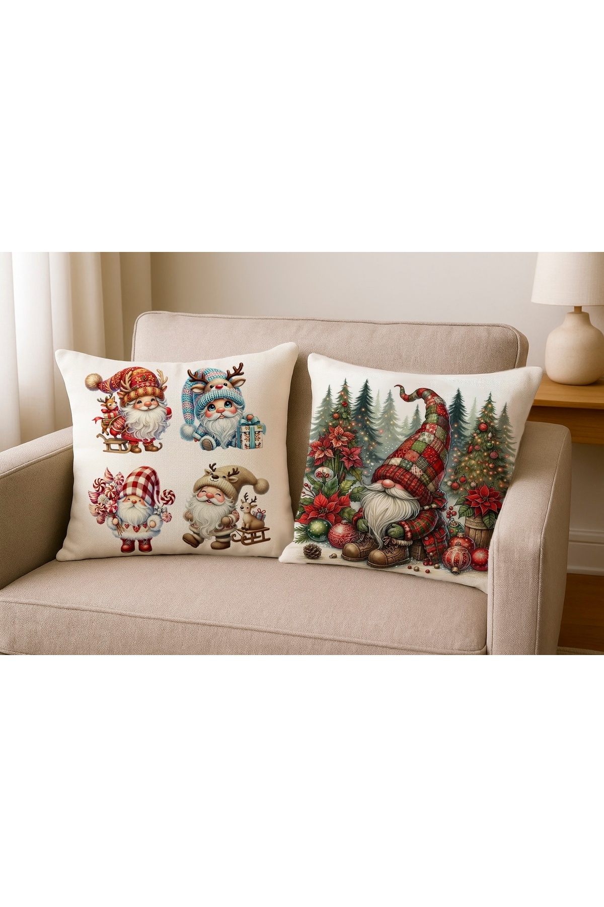 Dijital Baskılı Noel Cüce Desenli Dijital Dekoratif Kırlent Kılıfı (Christmas Gnome Cushion Cover)