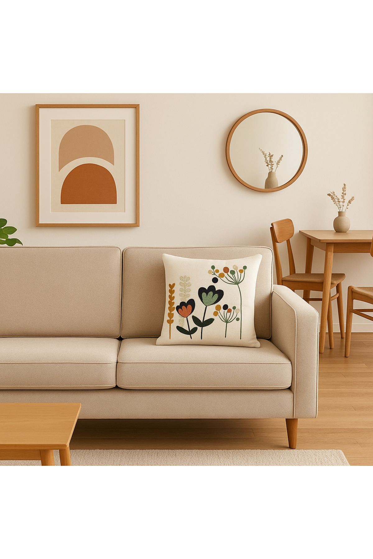 Punch Nakışlı Keten Renkli Çiçek Desenli Kırlent Kılıfı - 43*43 cm -
