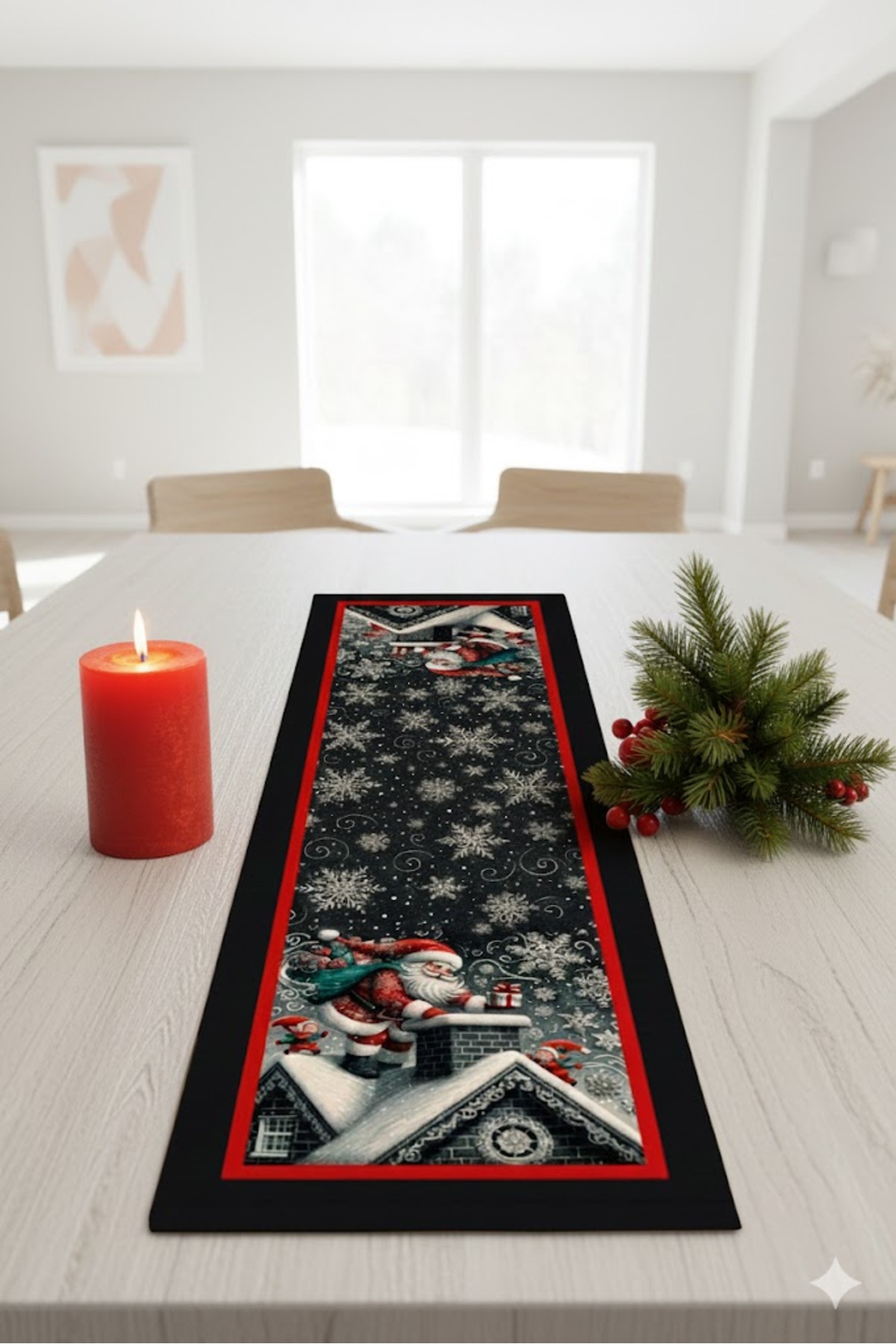 Digital Baskılı Noel Baba Kar Tanesi Desenli Yılbaşı Temalı Dekoratif Masa Runner