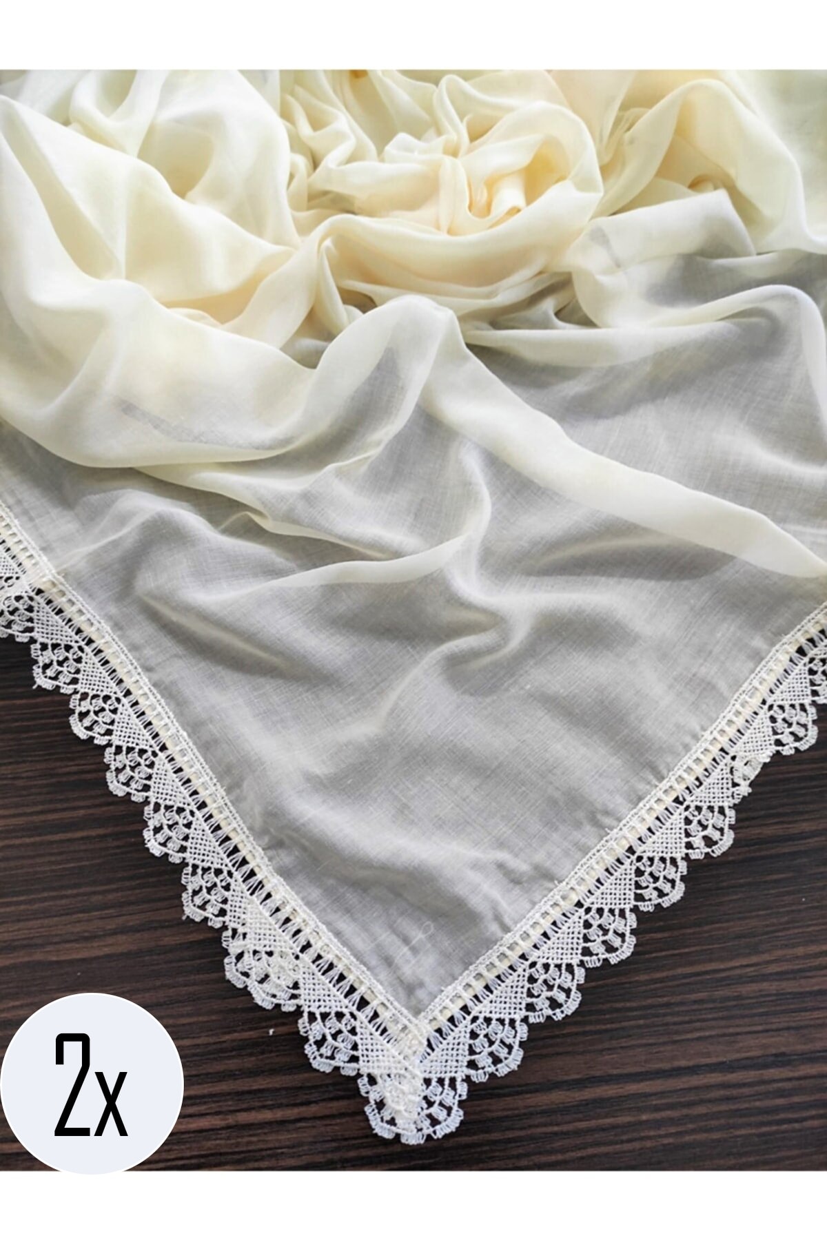 2 Adet, Çeyizlik Şal, Yazma, Çeyizlik Yemeni, Dantelli Yazma 2 Adet 100x100cm - Krem