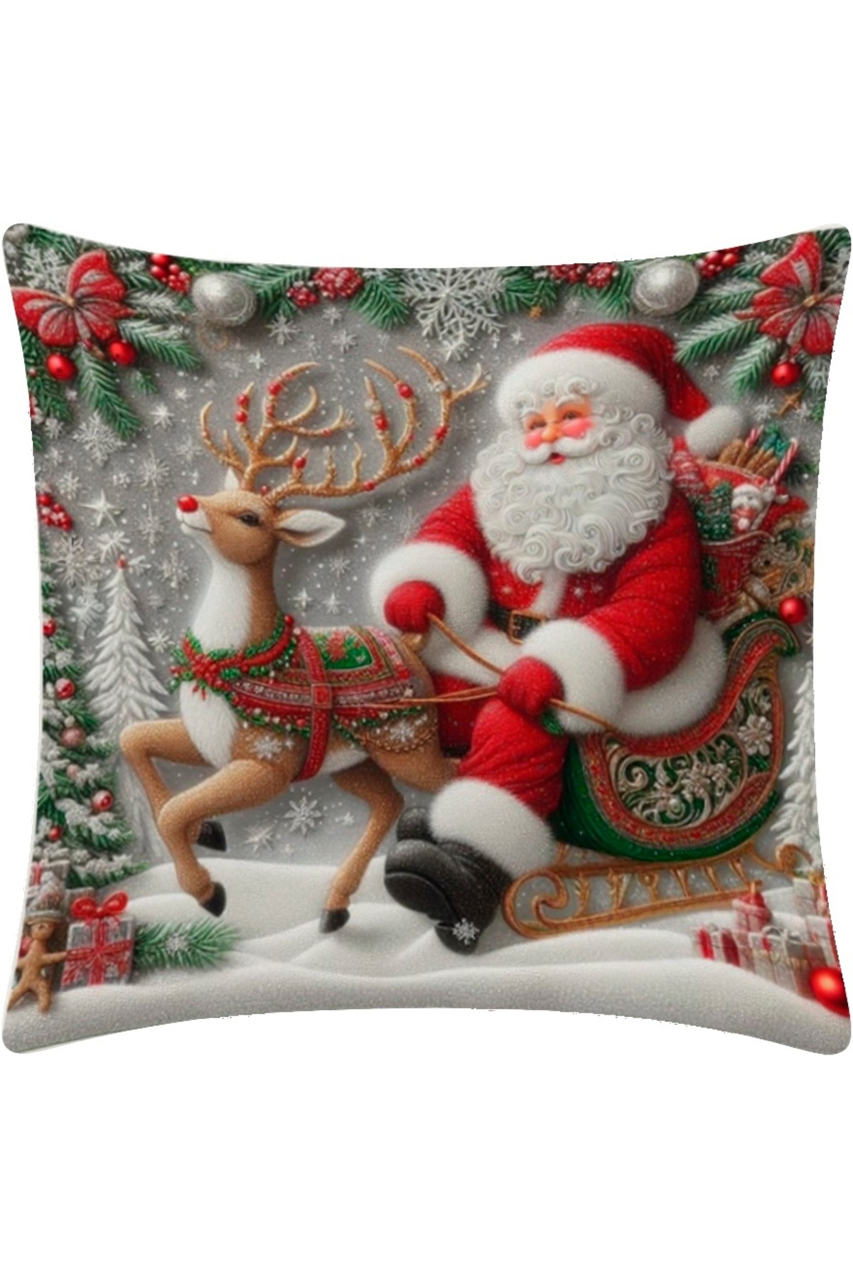 Dijital Baskılı Noel Baba ve Geyik Desenli Dekoratif Kırlent Kılıfı 43x43 cm