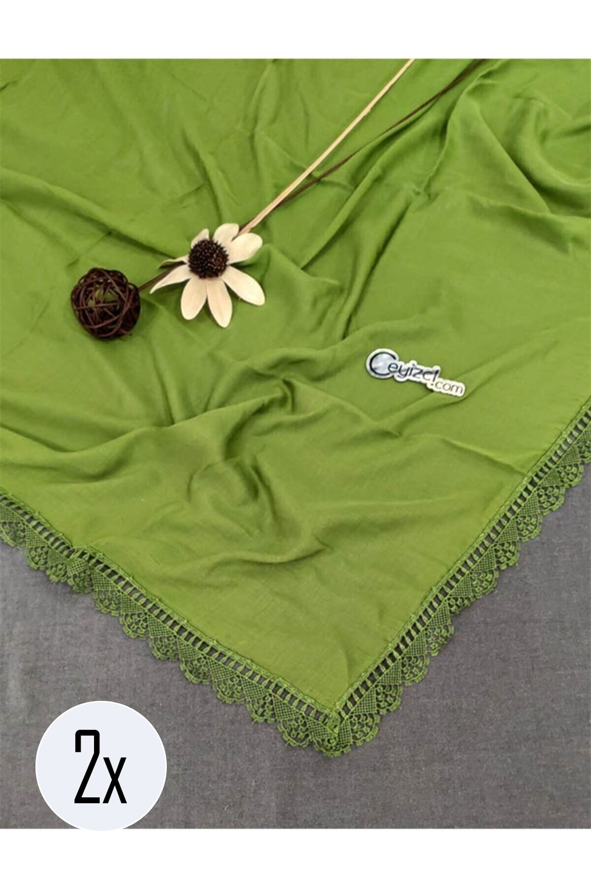 2 Adet, Çeyizlik Şal, Yazma, Çeyizlik Yemeni, Dantelli Yazma 2 Adet 100x100cm - Kına Yeşili