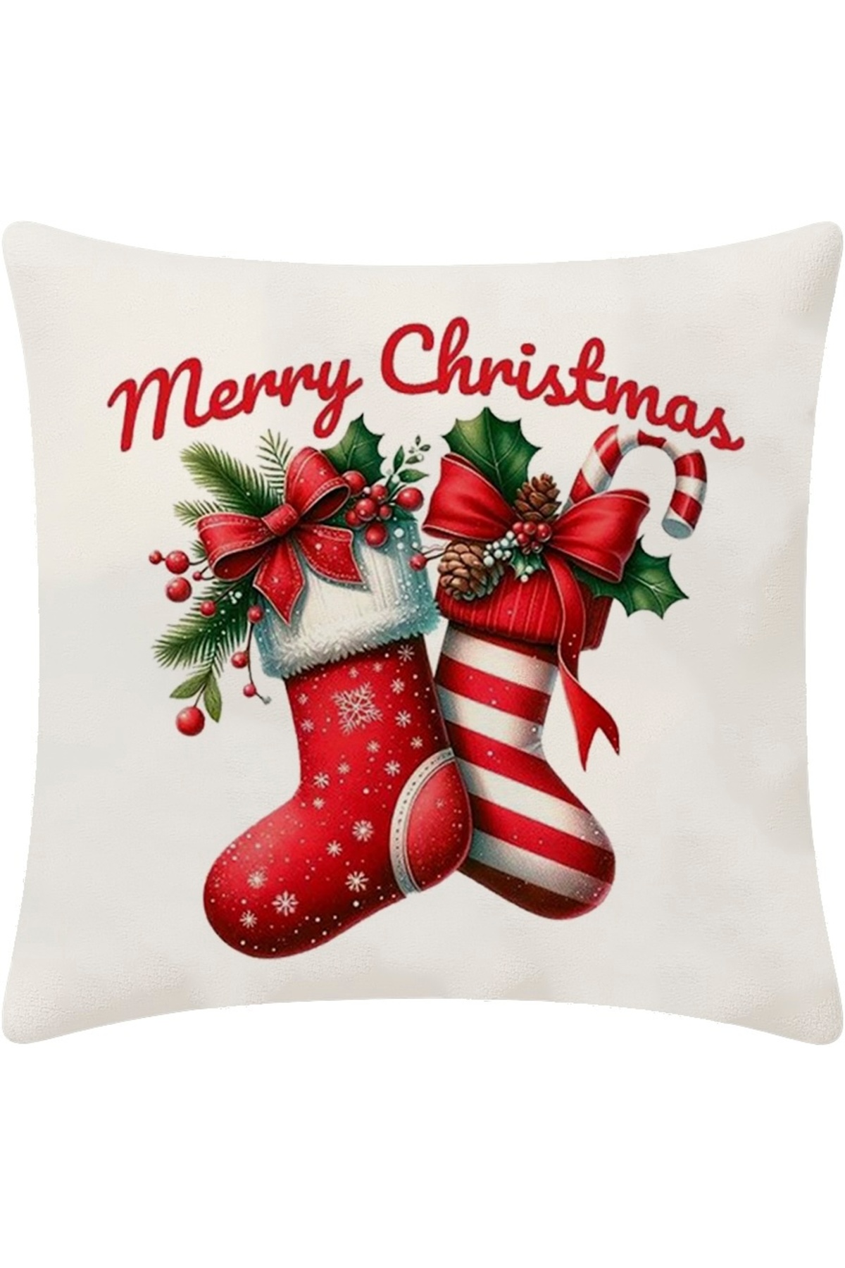 Dijital Baskılı Christmas Çorap Desenli Kırlent Kılıfı 43x43 cm (Christmas Sock Cushion)