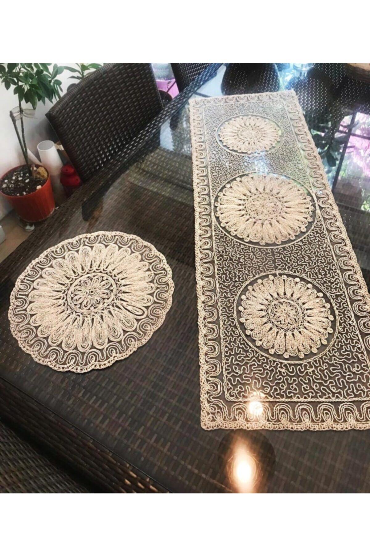 Fransız Dantelli Runner Ve Supla Takımı (1 Runner, 6 Supla) Ekru Renk