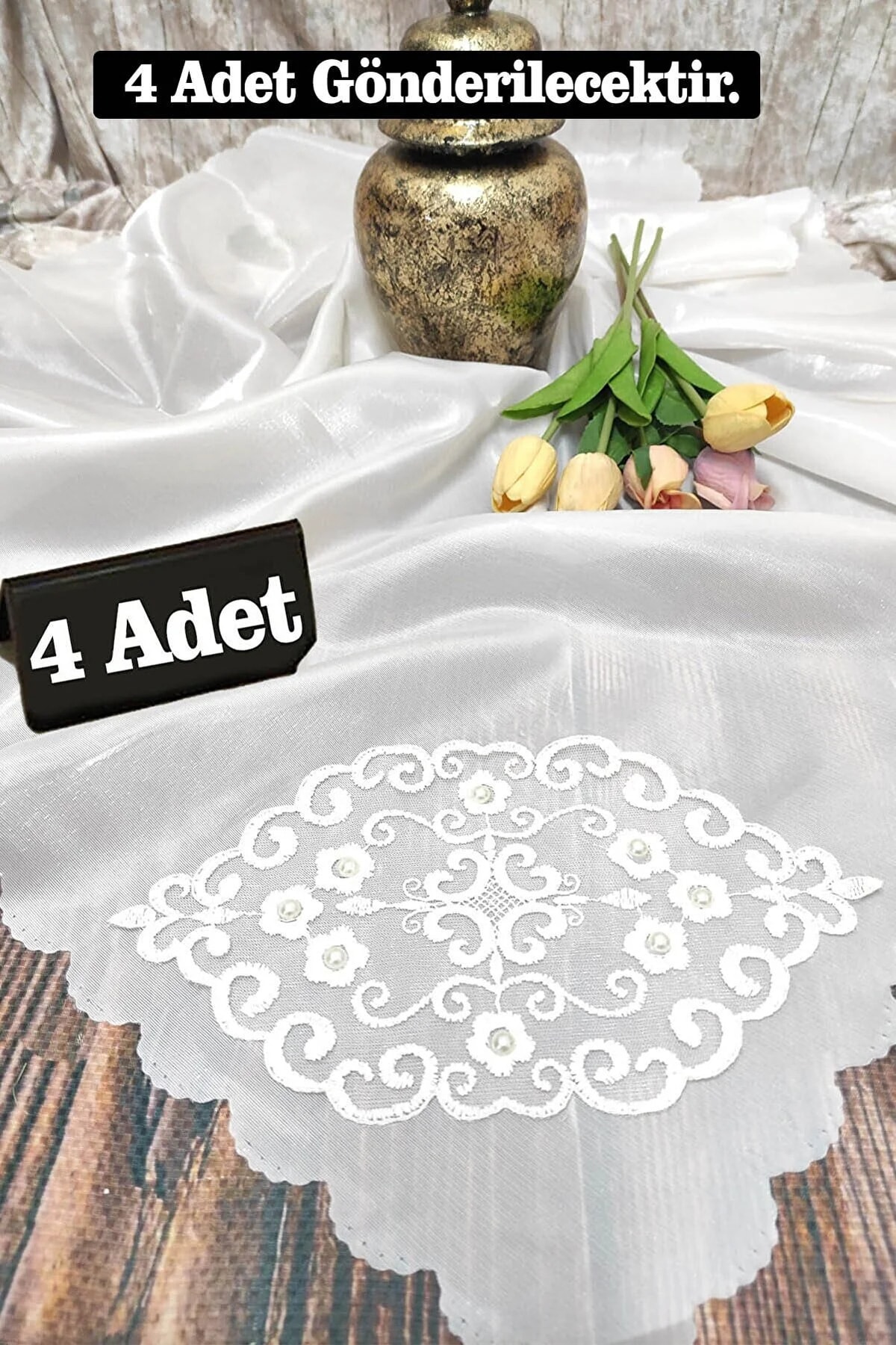 4 Adet Çeyizlik Bohça, Saten Bohça Dantelli Nişan Bohçası - Krem