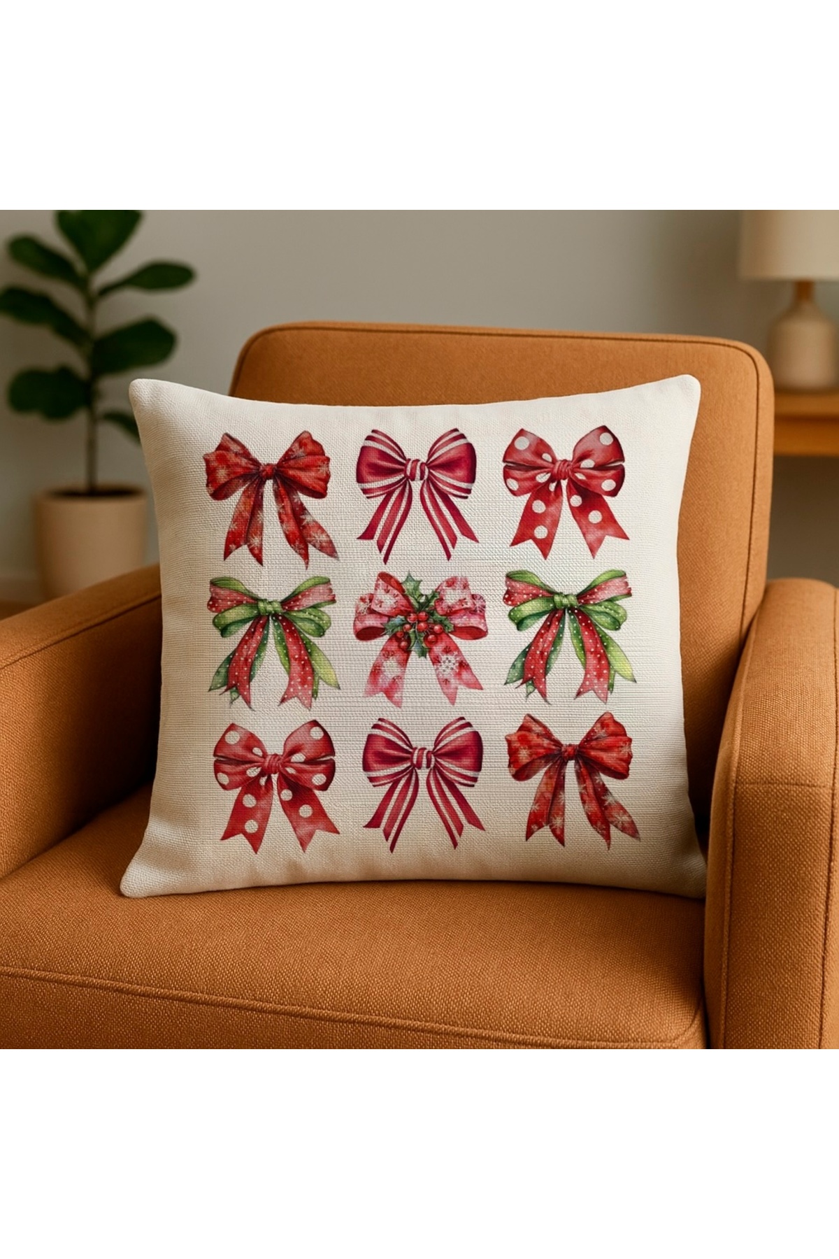 Dijital Baskılı Christmas Fiyonk Desenli Dekoratif Kırlent Kılıfı 43x43 cm