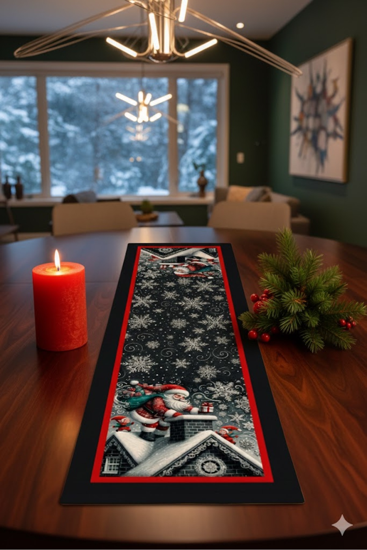 Digital Baskılı Noel Baba Kar Tanesi Desenli Yılbaşı Temalı Dekoratif Masa Runner