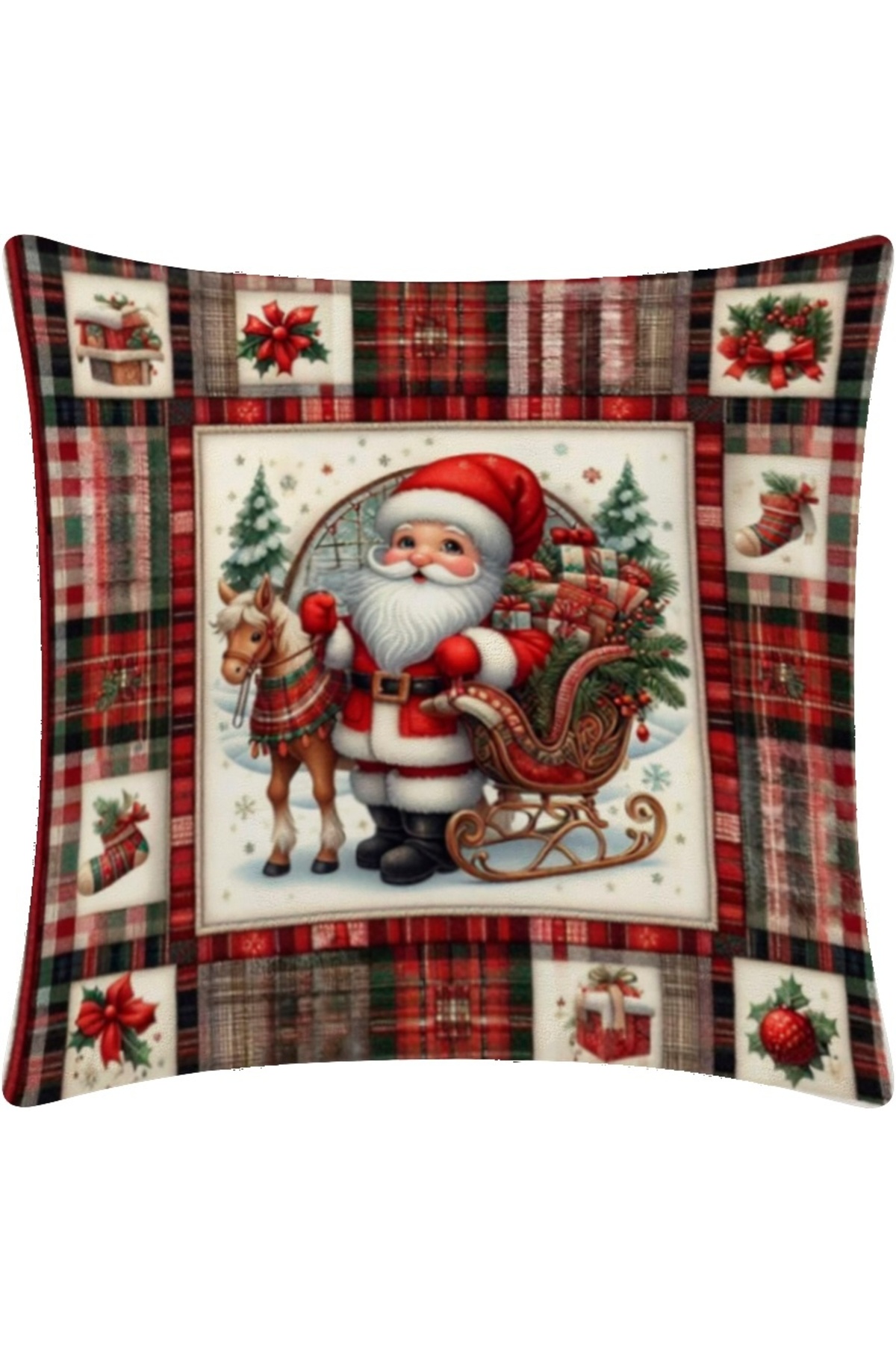Dijital Baskılı Noel Baba Ekose Desenli Kırlent Kılıfı 43x43 cm (Santa Cushion Cover)