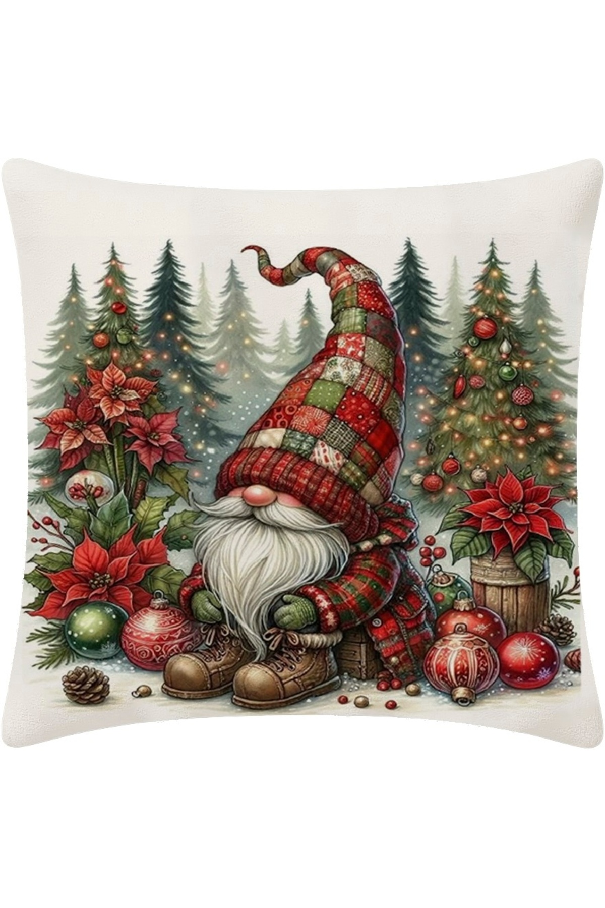 Dijital Baskılı Noel Cüce Desenli Dijital Dekoratif Kırlent Kılıfı (Christmas Gnome Cushion Cover)