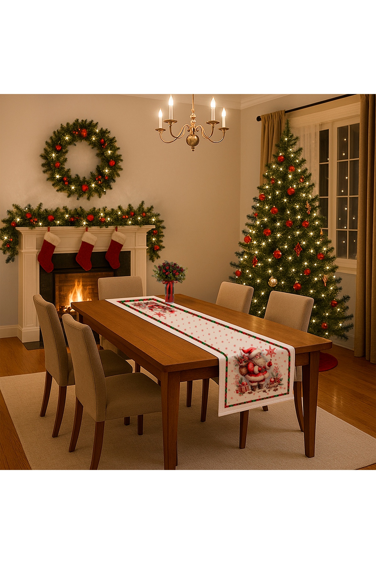 Dijital Baskılı Ekose Çerçeveli Noel Baba Yılbaşı Dekoratif Masa Runner