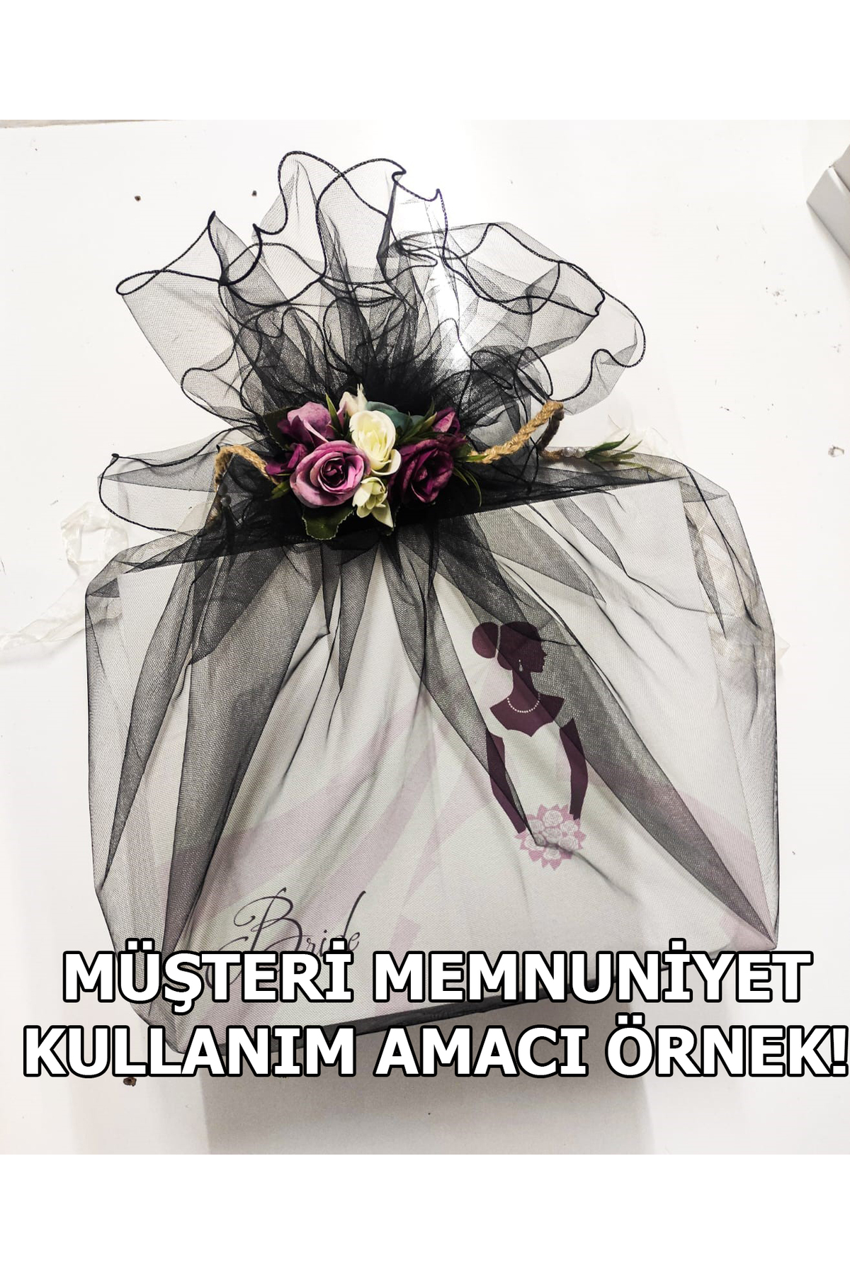 Bohça Süsü, Nişan Bohça Süsü, Kapı Süsü Tülü, Doğum Günü Tülü 150x150cm Siyah