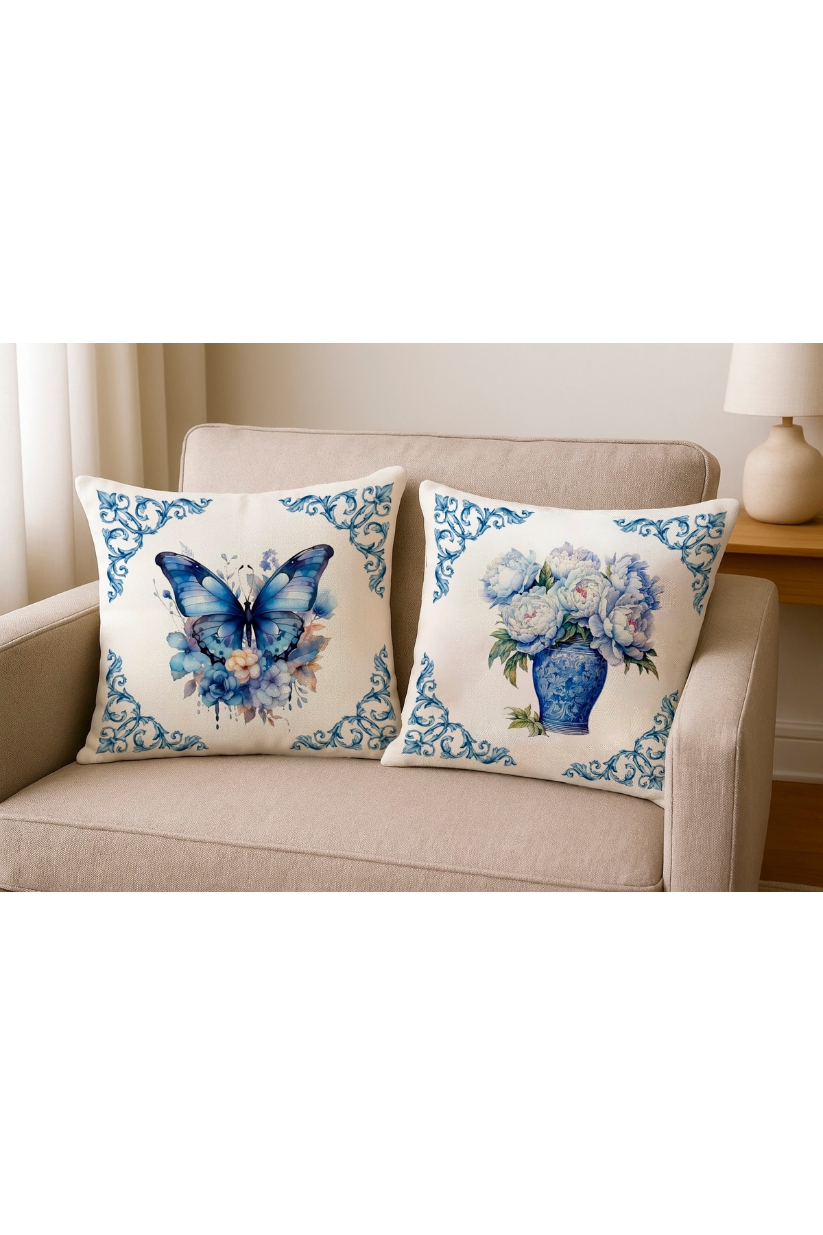 Digital Baskılı Mavi Kelebek ve Çiçek Desenli Kırlent Kılıfı 2’li Set- 43x43 cm